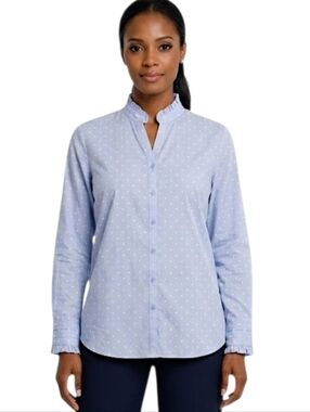Chico's Blue Dot Ruffle Detail No Iron Long Sleeve Button Down Shirt Size 8/10